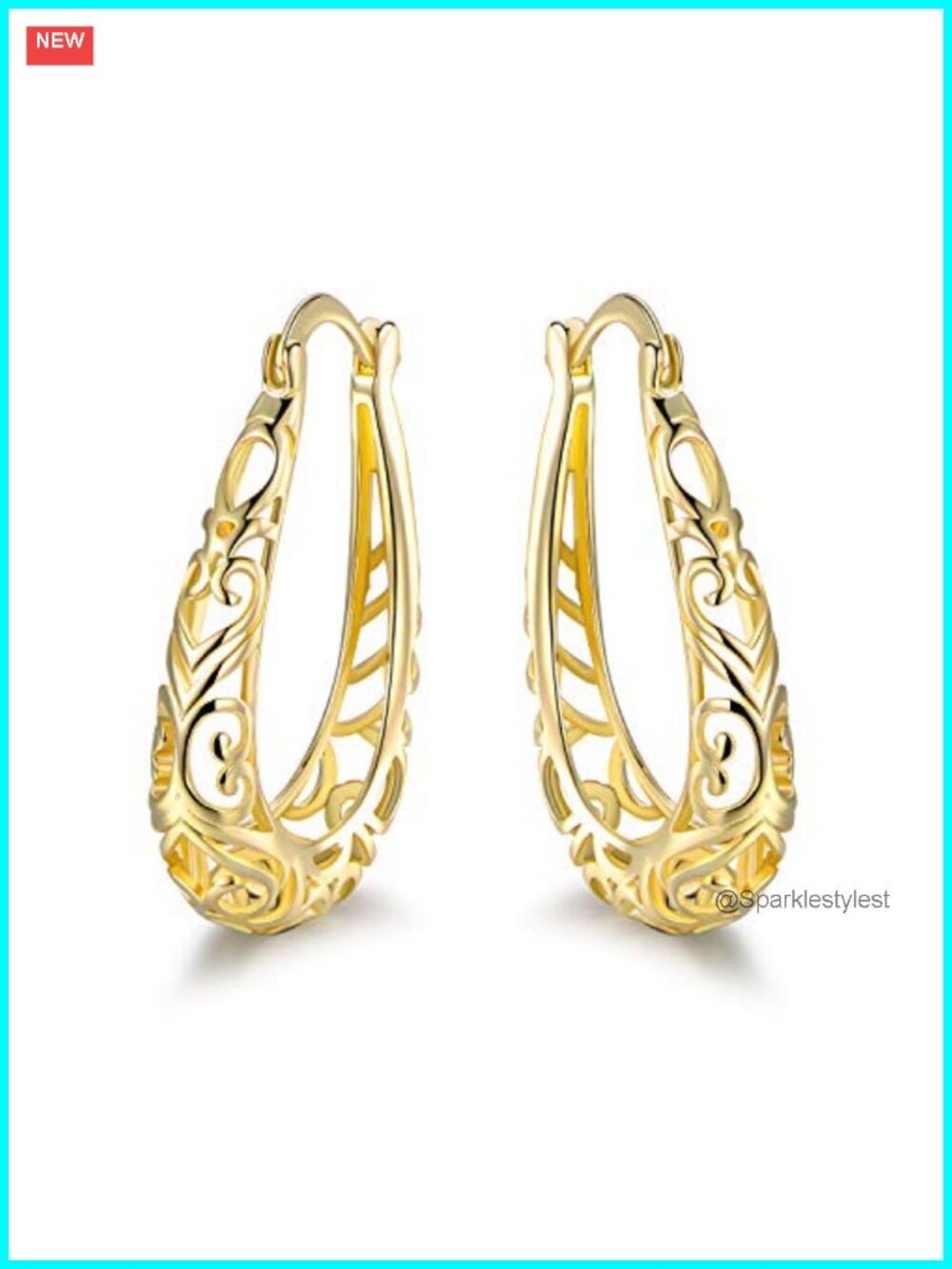 18K Gold Plated Filigree Hoop Earrings Latch Back